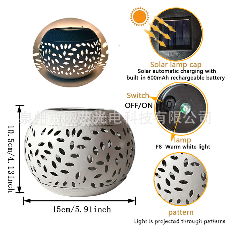 Factory-direct heating sales cross-border outdoor ironwork solar lamps, ceramic-like hollowed-out lawn lamps, and courtyard landscape lanterns details Picture