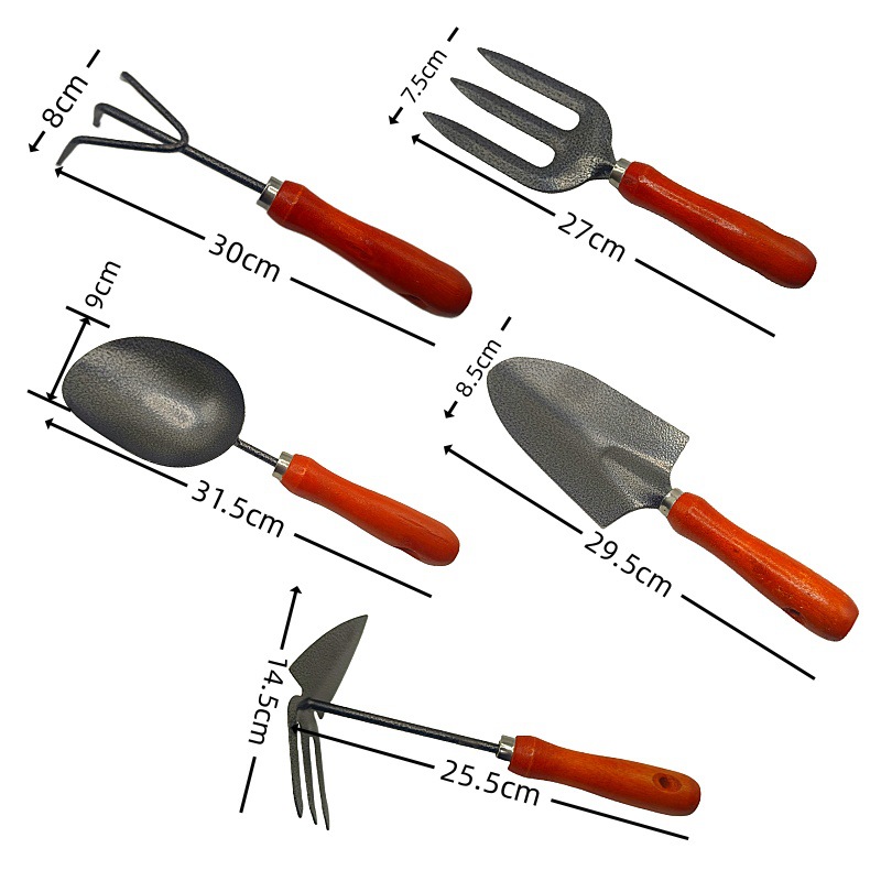 Cross-border gardening set tools, round forest tool set, agricultural tools, beachcombing, digging and sand-digging tools, shovels, hoes, rakes and scissors Specification drawing