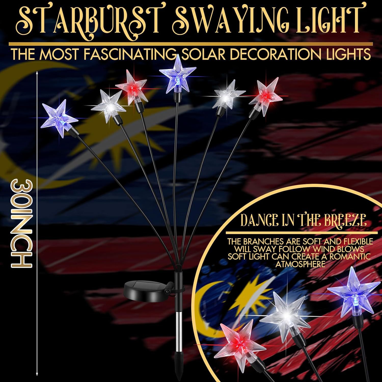 Solar-powered ground insertion Independence Day star light string, American flag light, courtyard garden decorative light, lawn light strip and light bar details Picture