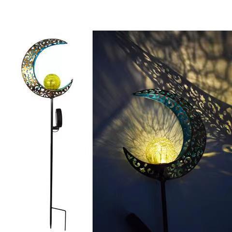 Solar-powered ironwork moon-shaped ground insert light, courtyard wind chime, hollowed-out projection light, lawn decoration, outdoor retro floodlight Specification drawing