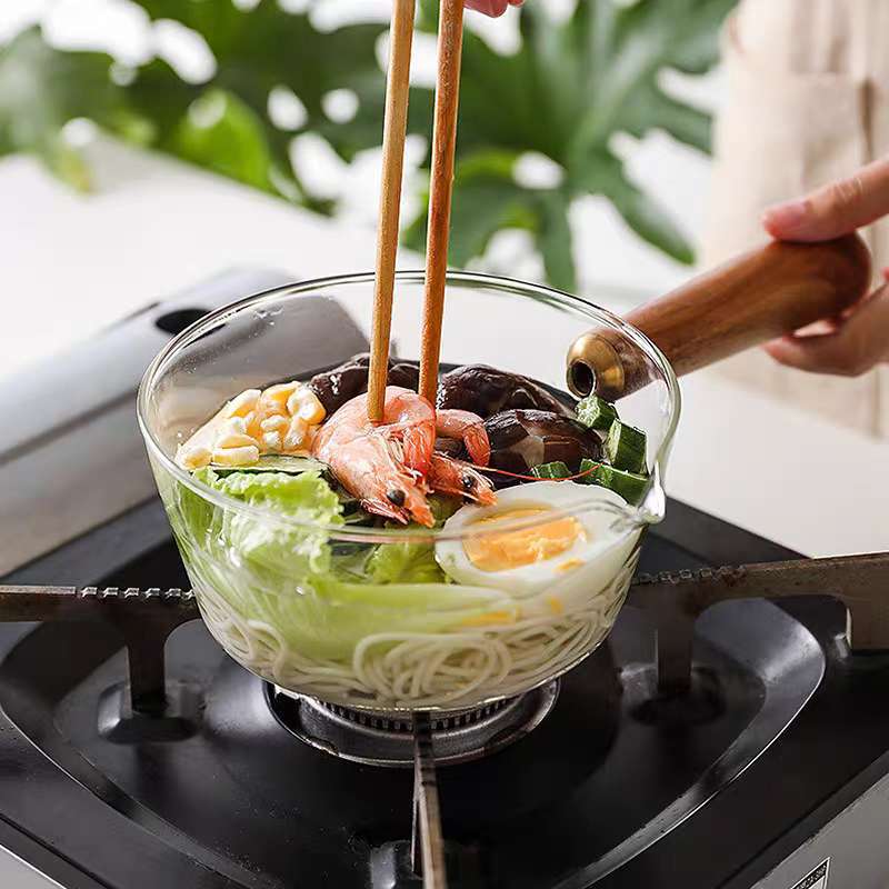 Household transparent glass milk pot, high borosilicate glass wooden handle small milk pot, instant noodle pot, household soup pot, salad pot Specification drawing
