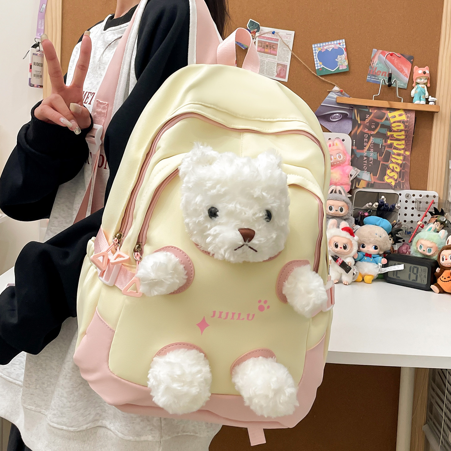 Cute cartoon plush bear schoolbag, doll doll, girl's junior and senior high school backpack, large-capacity student backpack Specification drawing