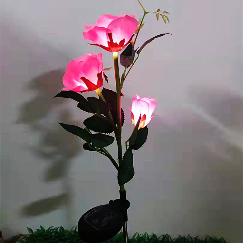 Solar-powered 3-head rose lamp, outdoor solar-powered household courtyard garden villa lawn ground insert lamp, artificial flower full figure