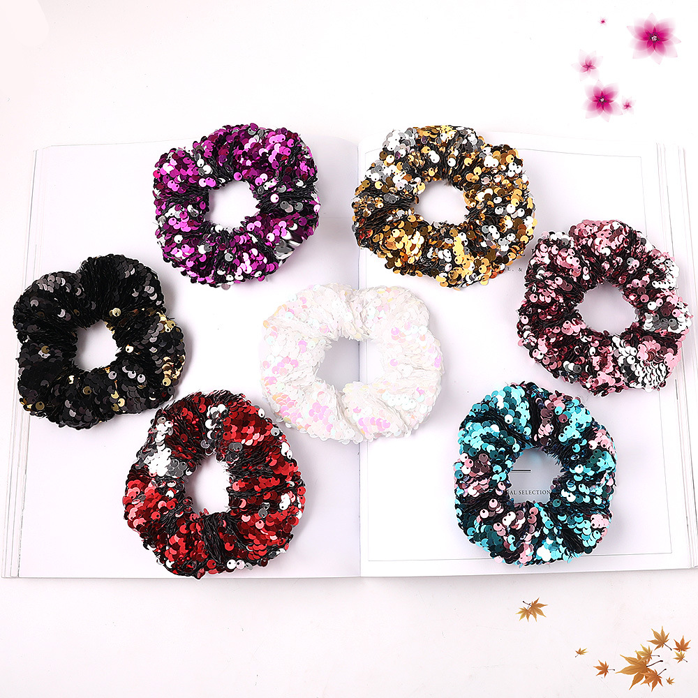 Qiyue Cross-border's new dual-color mermaid flip large Intestine ring, fish scale large sequined large intestine hair ring and hair accessory B169-A Specification drawing
