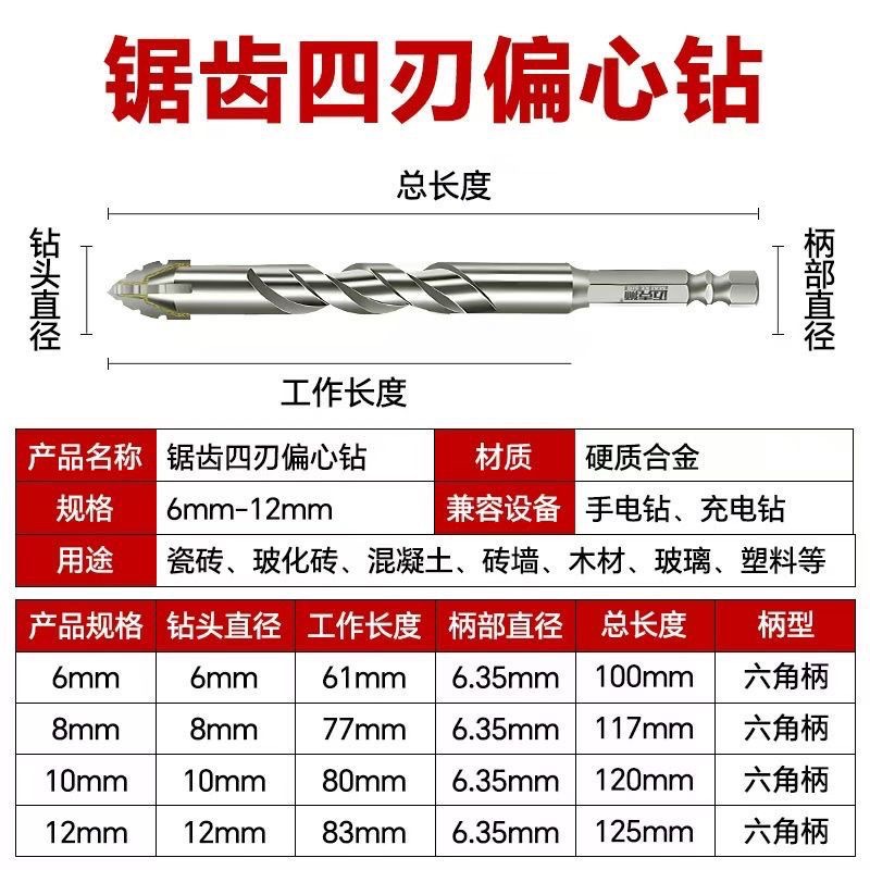 Wholesale of new four-edge serrated eccentric drills for dry-drilling tiles, concrete and glass, and household multi-functional hole punches Application Scenario