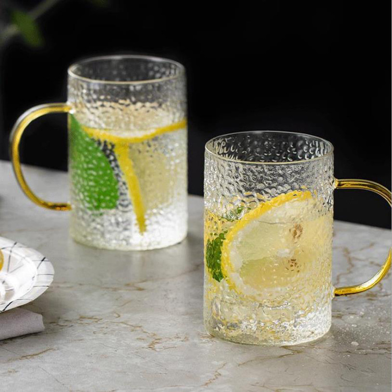 Hammered high borosilicate glass cups with handles, household straight milk beer cups, living room drinking cups, men's and women's tea cups full figure