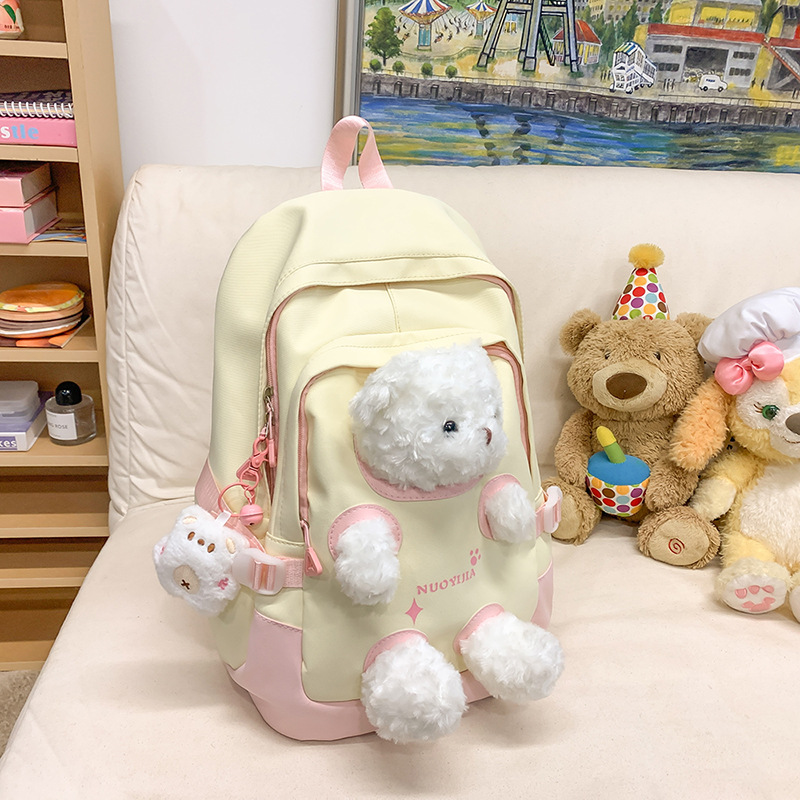 Schoolbag, bear doll, backpack, versatile for girls, high appearance level for primary school students, large-capacity schoolbag for junior high school students Specification drawing