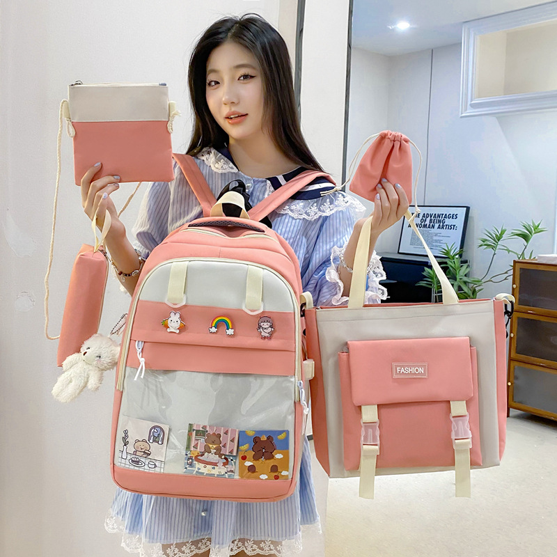 A new large-capacity four-piece schoolbag for girls, a lightweight back-protecting backpack with contrasting colors, and a storage backpack for middle school students Specification drawing