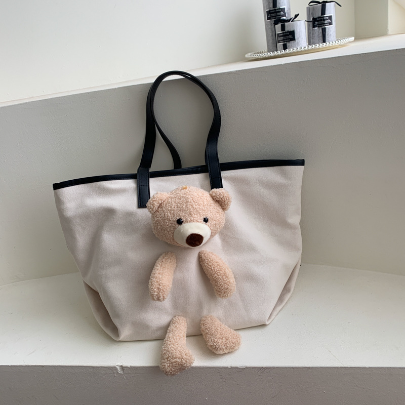 2025 New student after-school canvas bag, a simple and stylish backpack for a pretty girl on the street, an artistic and fashionable bear doll single-shoulder bag Specification drawing