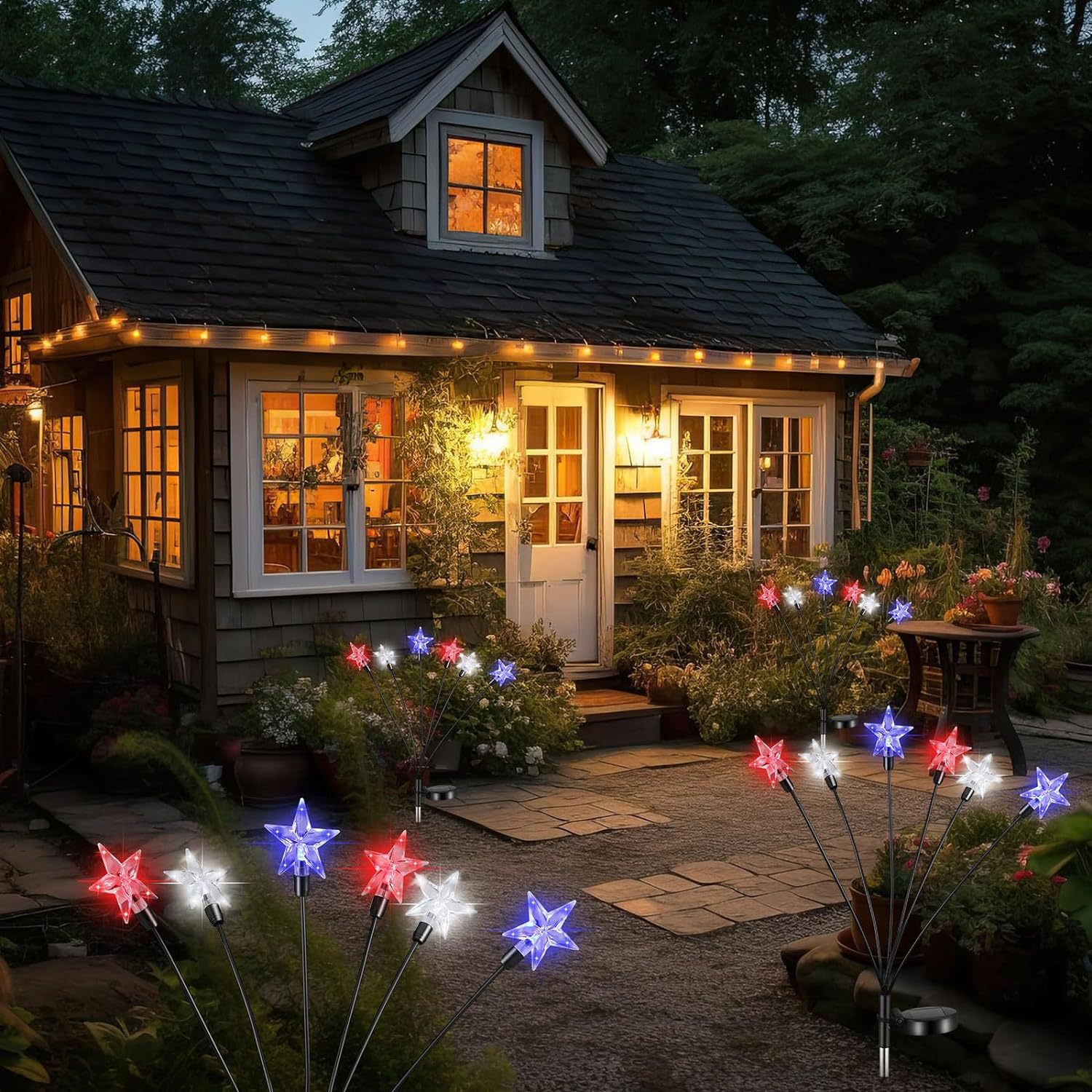 Solar-powered ground insertion Independence Day star light string, American flag light, courtyard garden decorative light, lawn light strip and light bar Specification drawing