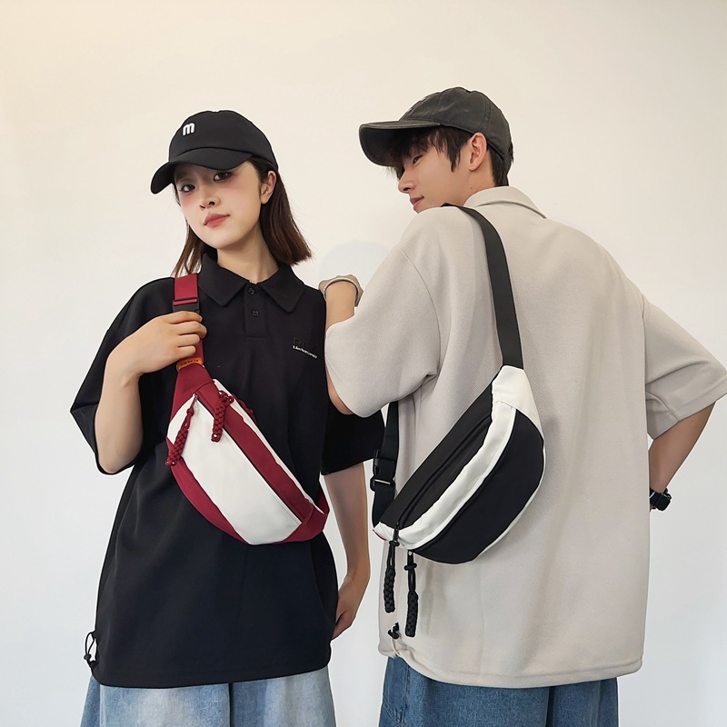 Japanese nylon chest bag, a trendy single-shoulder, versatile crossbody small bag for women on Instagram, a new 2025 contrasting color student sports waist bag full figure