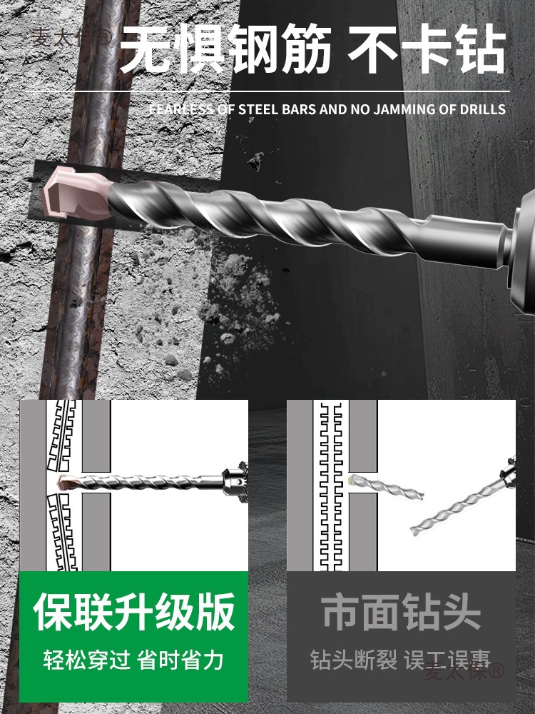 Tungsten steel extended impact drill, electric hammer drill bit, concrete wall-penetrating and wall-passing, square handle, round handle, drilling and slotting, Hemai Taibao details Picture