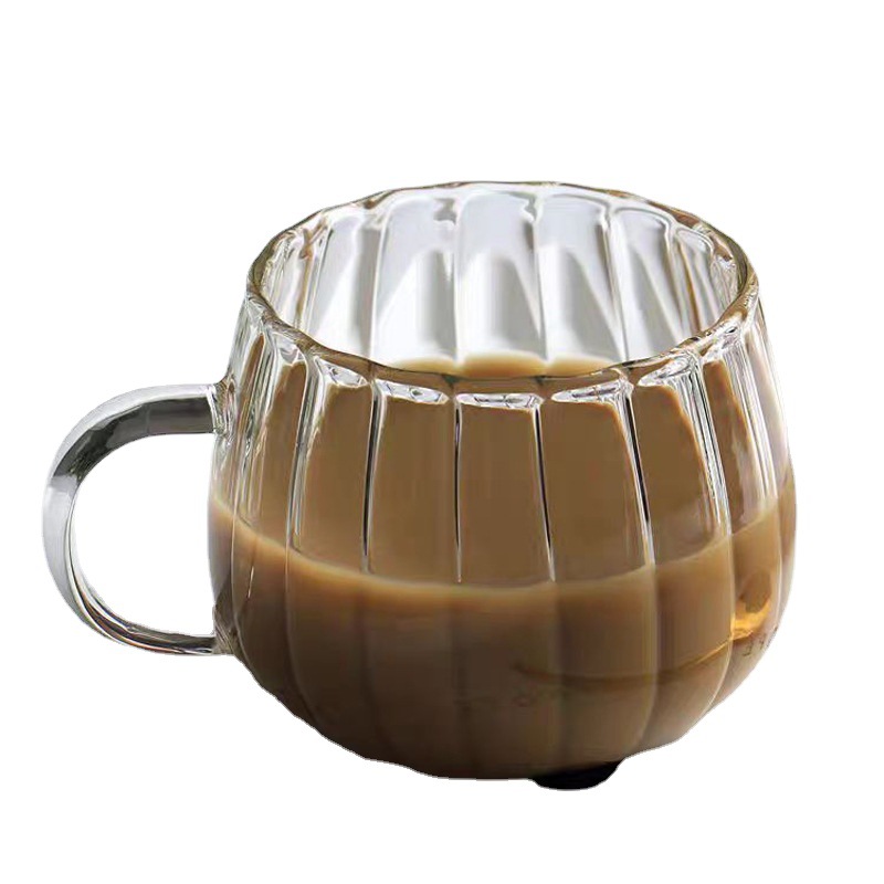 Creative high borosilicate transparent vertical striped pumpkin cup, cute single-layer glass cup, juice coffee cup, vertical striped pumpkin cup Item Picture