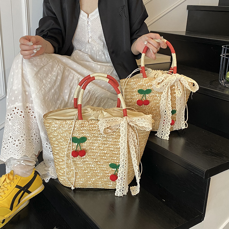 2025 New summer hand-woven beach vacation bag for women, fashionable lace bow, large capacity handbag details Picture