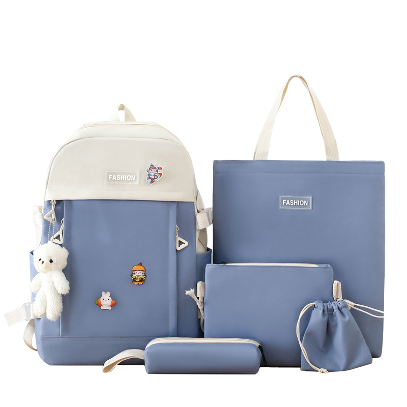The new canvas campus backpack five-piece set is simple and versatile. It is a multi-functional casual girls' backpack for junior and senior high school students Item Picture