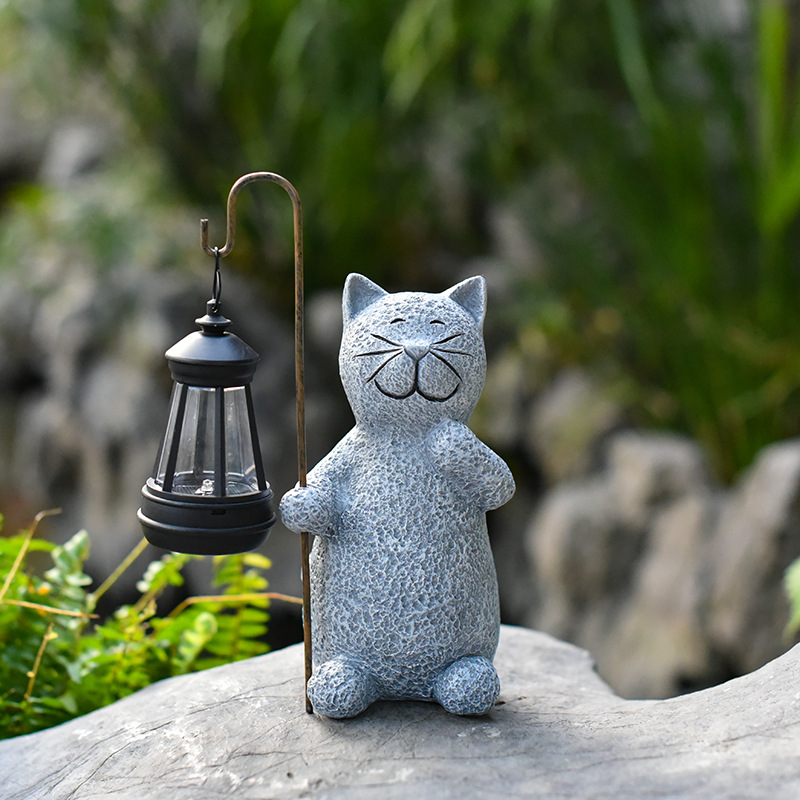 Outdoor solar statues, cat garden statues, ornaments, outdoor garden simulation animal resin handicrafts for decoration full figure