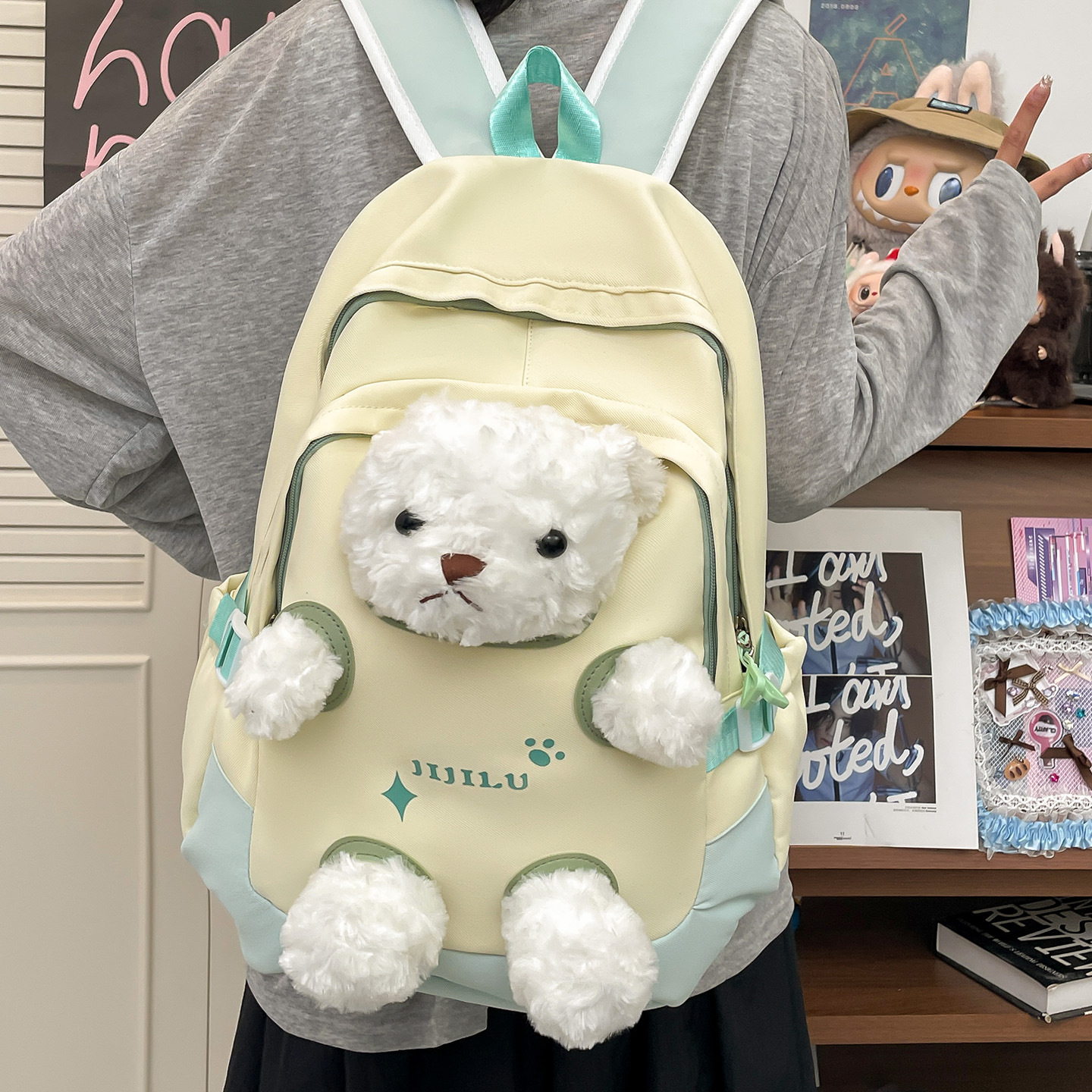 Cute cartoon plush bear schoolbag, doll doll, girl's junior and senior high school backpack, large-capacity student backpack details Picture
