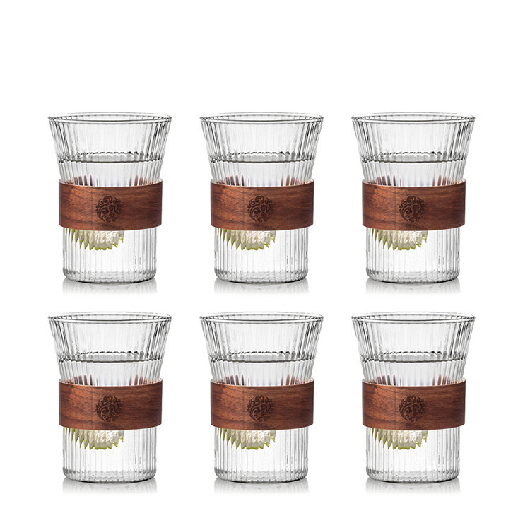 Vertical pattern high borosilicate glass single-layer cup with wood chip heat insulation drinking cup, household high appearance level latte mug Item Picture