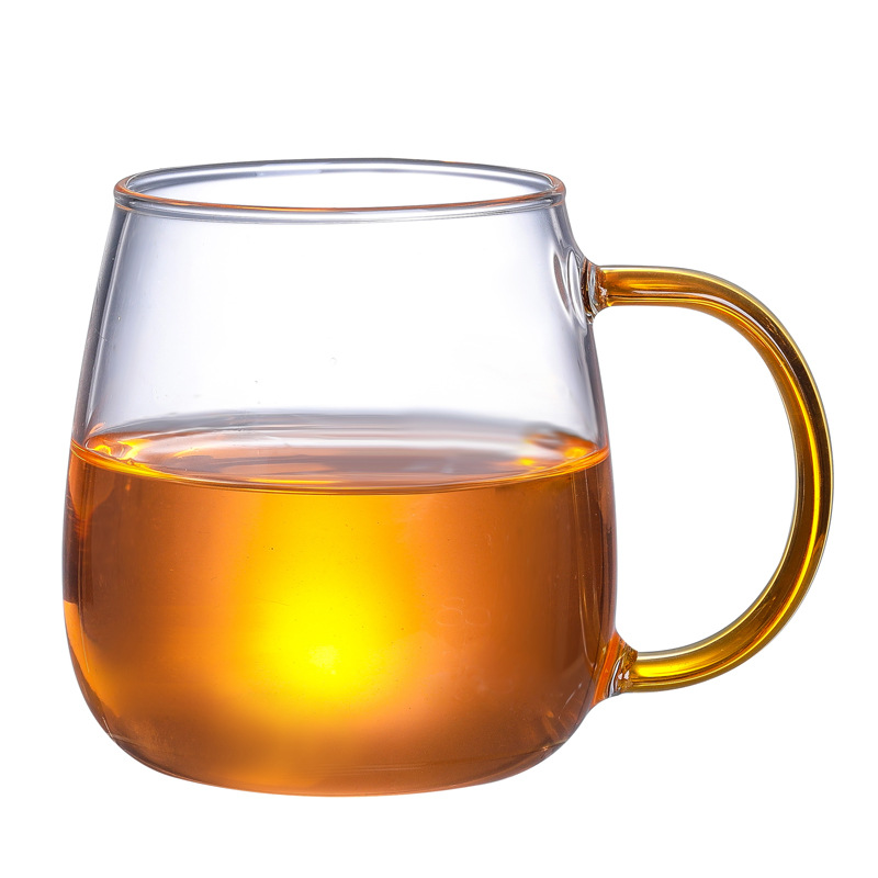 Colored handle glass large-bellied cup, transparent high borosilicate glass milk tea beverage drinking cup, household single-layer cup Item Picture
