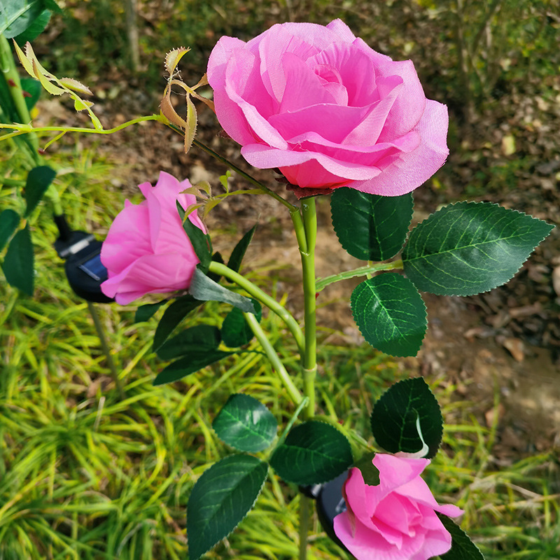 New cross-border 3-head solar-powered rose LED light outdoor lawn ground insertion garden simulation flower decorative landscape light details Picture