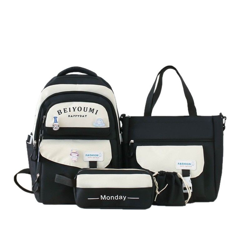 Four-piece Korean-style Instagram schoolbag for girls, a cute and fresh backpack with contrasting colors, large capacity and spliced for junior high school students Item Picture