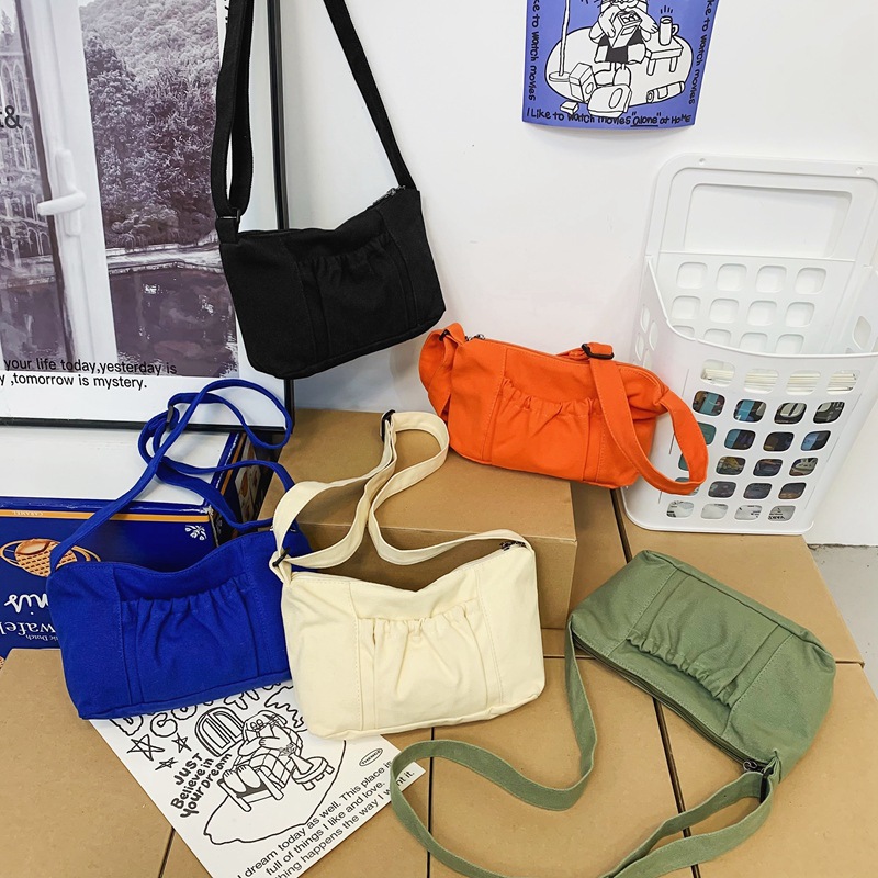 Washed canvas bag for women 2022, Korean style pleated crossbody bag, Japanese style ins casual single-shoulder bag, simple small backpack Specification drawing