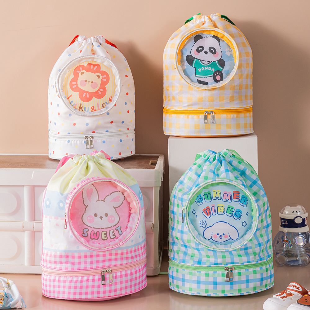 Dry-wet separated swimming bag, double-layer cartoon storage bag, portable children's bath bag, large-capacity beach bag, toiletry bag full figure
