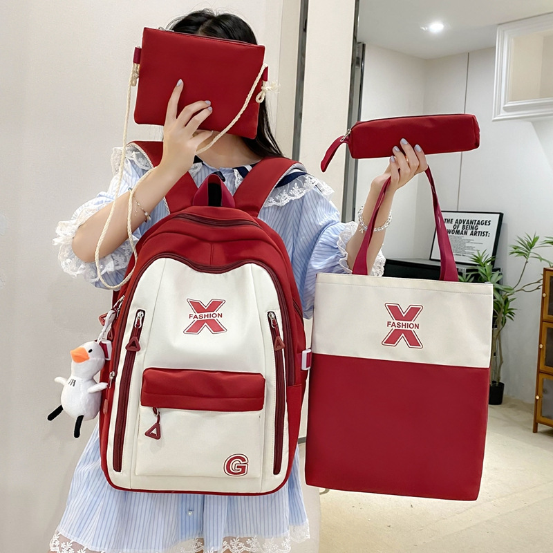 The new girls' schoolbag is versatile. It features a large-capacity campus backpack for junior high school students with contrasting colors and a lightweight tutorial backpack set of four pieces details Picture