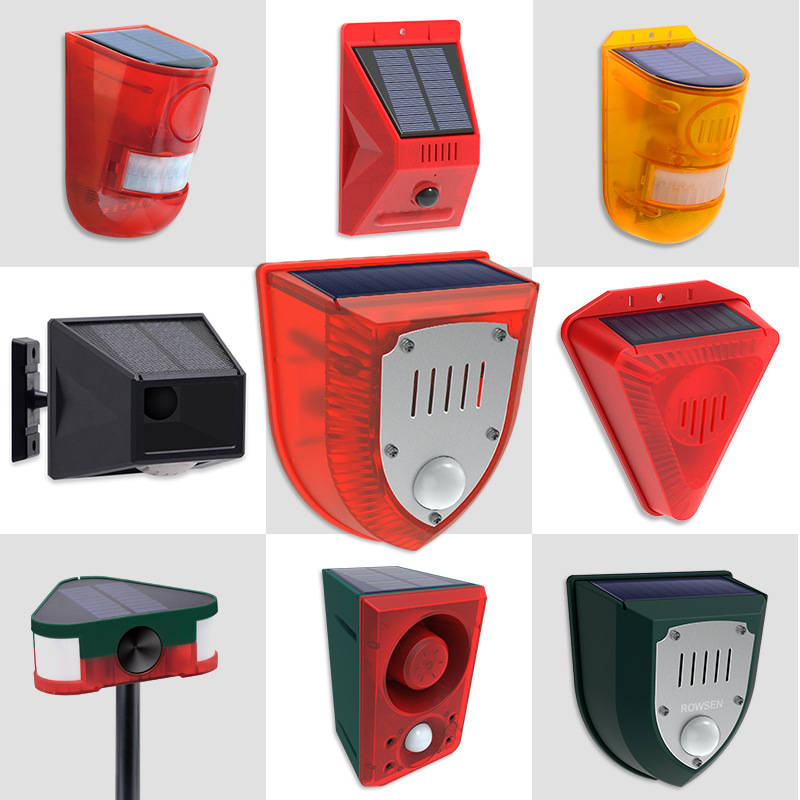 The new solar-powered sound and light alarm repeater is used to drive away wild animals, birds and ultrasonic rats full figure