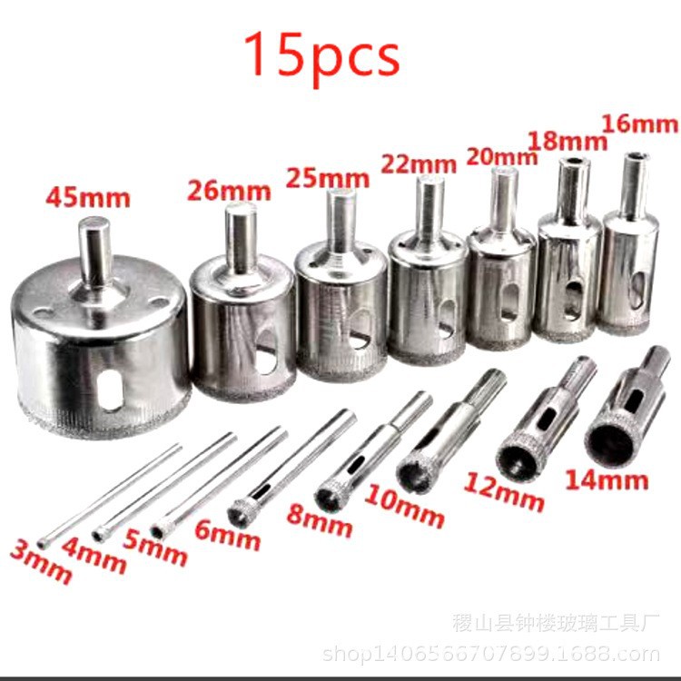 Supply 10pcs and 15pcs sets of electroplated glass drill bits and diamond glass hole openers Specification drawing
