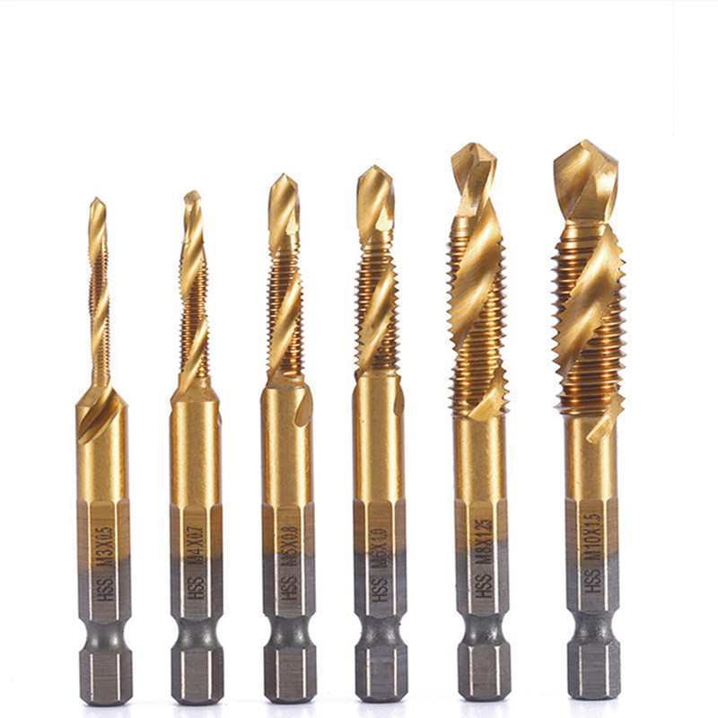 6pc high-speed steel composite tap, hexagonal handle, drill and tap integrated tap, titanium plating machine, hole opening and tapping, cross-border tapping Specification drawing