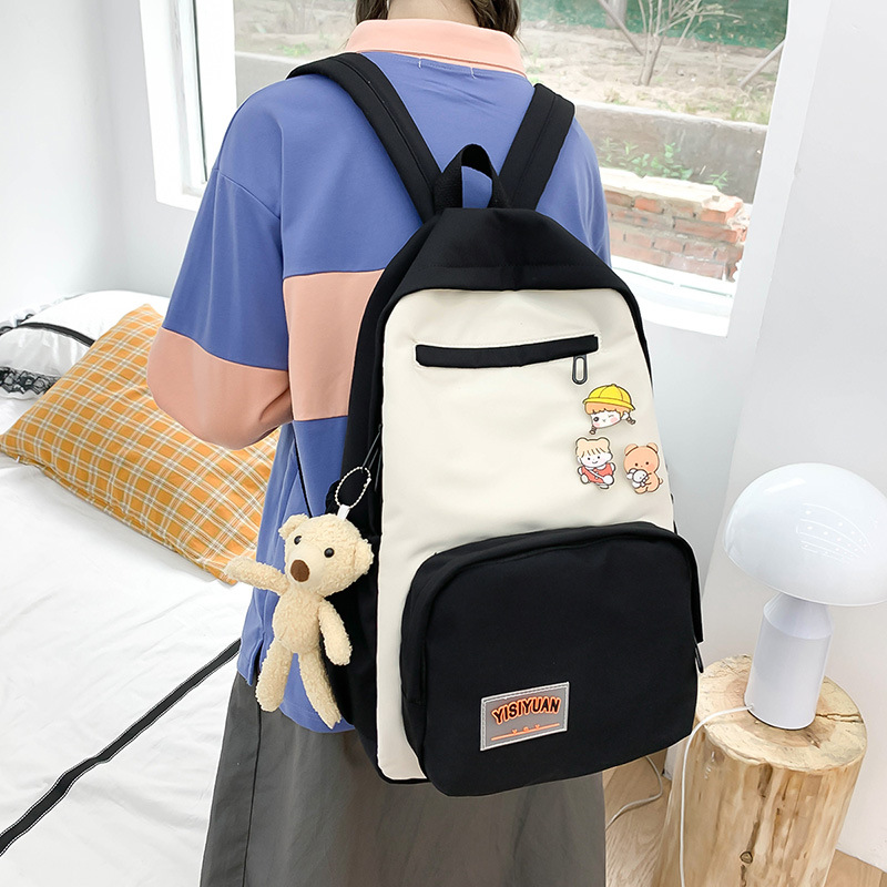 New college student schoolbag for girls, Korean style, fashionable and simple, color-blocked girls' campus backpack, large-capacity canvas backpack details Picture