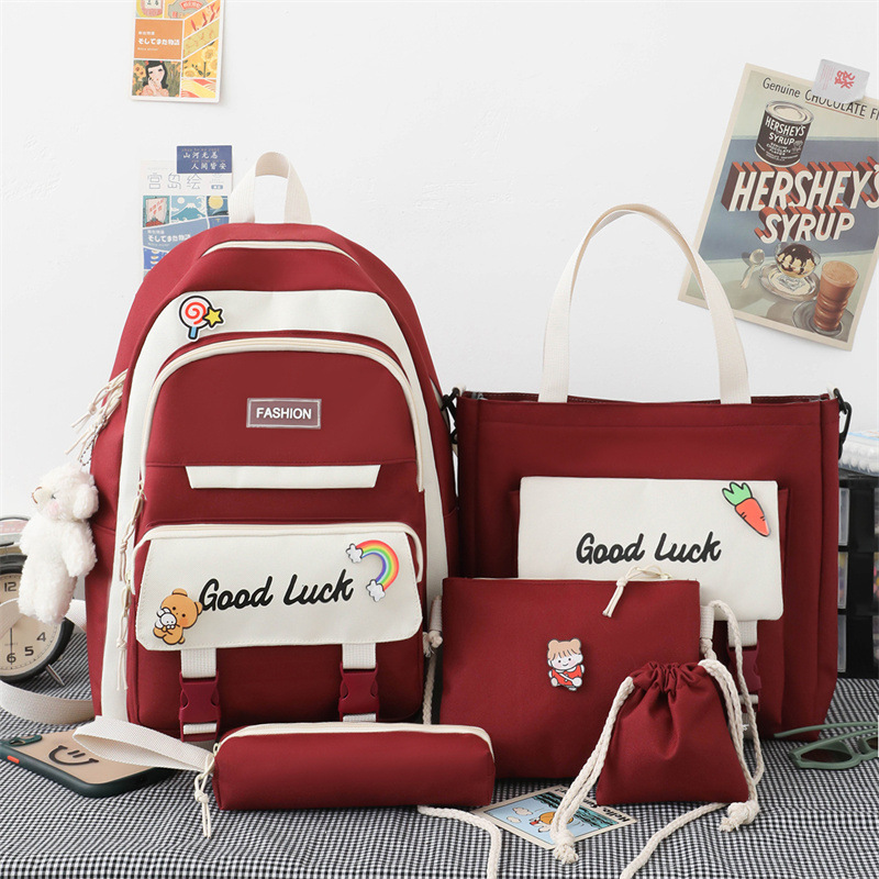A new Japanese minimalist five-piece set for junior high and high school students, a Korean version large-capacity backpack for girls details Picture