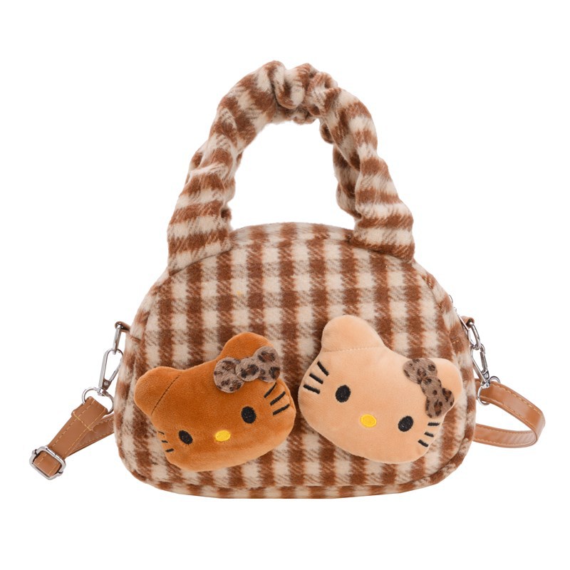 Cross-border winter children's bag, girl's woolen checkered red cute rabbit baby single-shoulder crossbody bag, loose change bag Item Picture