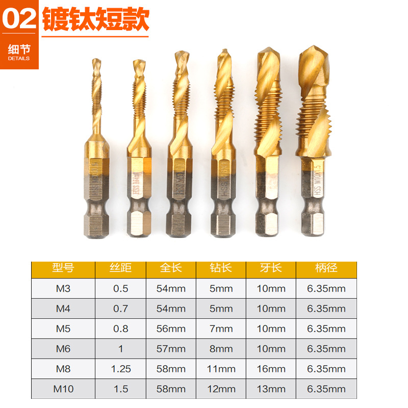 High-speed steel integrated composite tap drill bit hexagonal handle three-in-one multi-functional titanium-coated spiral tap 6pc set Application Scenario