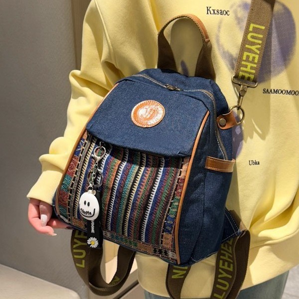 Retro ethnic style embroidered backpack, denim women's 2024 new fashion multi-purpose travel backpack, single-shoulder crossbody full figure