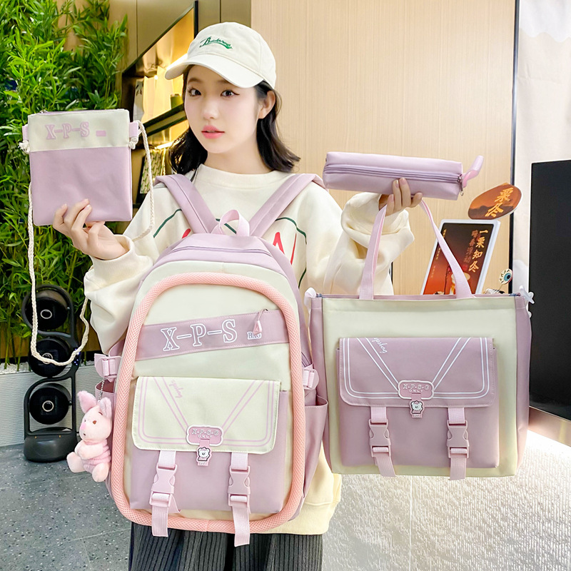 A four-piece set of Korean-style backpack for primary and secondary school students with a high level of appearance and versatility, cute and sweet, large-capacity schoolbag trend details Picture