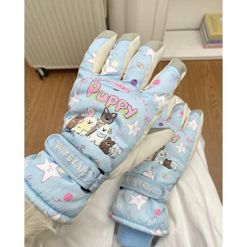 Touch screen ski gloves for women, cute bear gloves, winter outdoor sports cycling, anti-slip, thickened and warm full figure