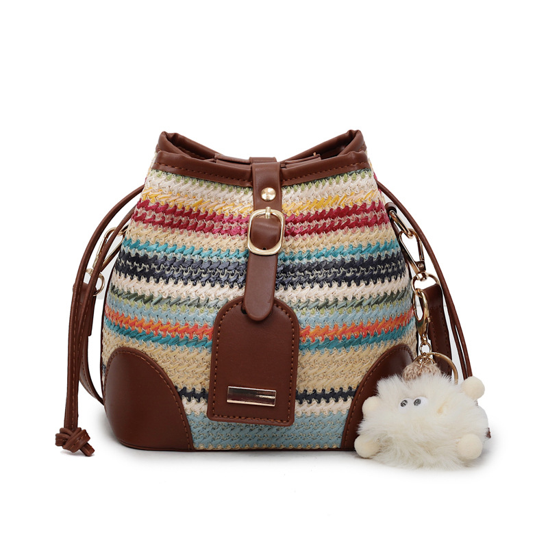 Trendy bucket bag for women, 2025 new high-end straw woven bag, color-blocking niche portable single-shoulder bag, fashionable crossbody bag Item Picture