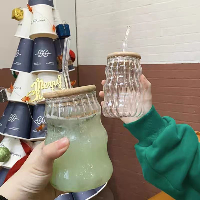 Household high borosilicate glass transparent glass single-layer caterpillar cup Office lemon juice milk threaded water cup details Picture