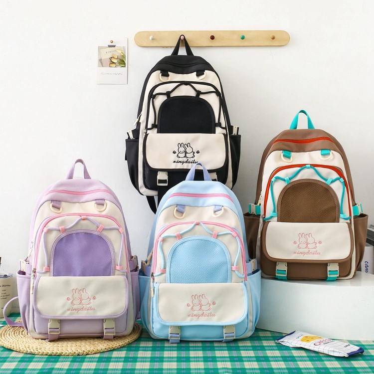 Cute color-blocking backpack, large capacity, high-end and simple, lightweight and fashionable backpack for female college students, junior and senior high school schoolbags full figure