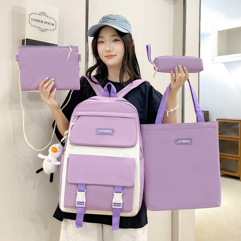 Four-piece Korean-style girls' schoolbag, simple, large-capacity, solid-color backpack for grades five and six, junior high school students, backpack for girls Application Scenario