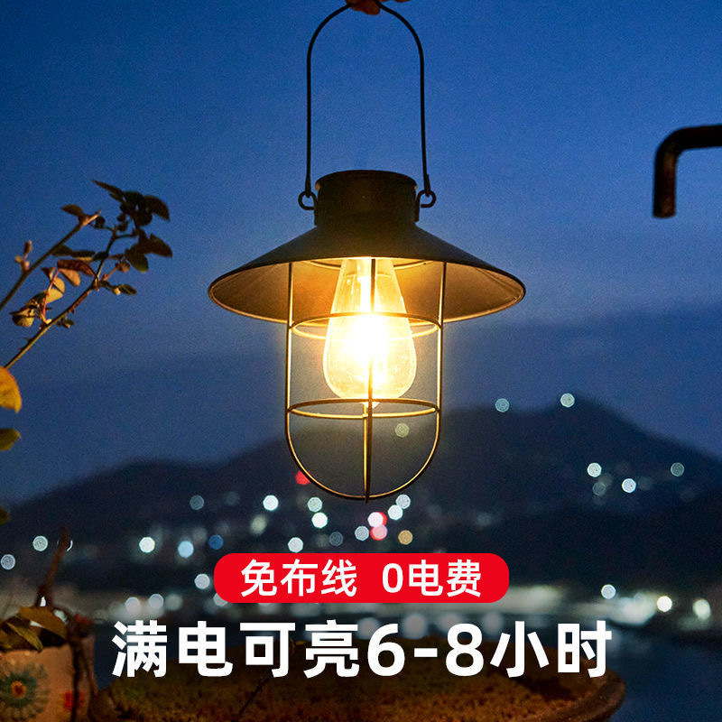Cross-border outdoor solar ironwork hanging lamps, tungsten filament lamps, retro portable lanterns, lawn and courtyard lamps, landscape decorative lamps full figure