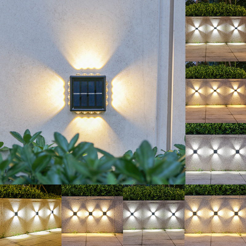 Solar-powered night light, outdoor garden fence light, waterproof LED four-sided light, outdoor decorative courtyard wall light full figure