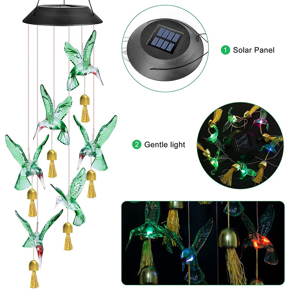 New outdoor solar wind chime metal bell LED hummingbird butterfly eva ball wind chime garden lamp decorative light details Picture