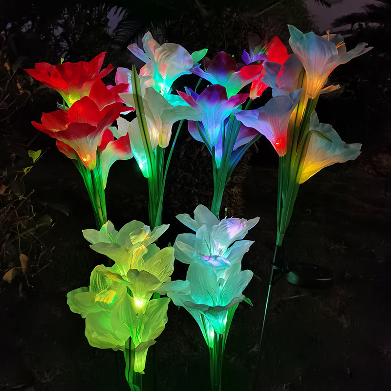 Solar LED courtyard lakeside 3-head lily landscape lights, balcony courtyard atmosphere lights, garden viewing lights arrangement details Picture