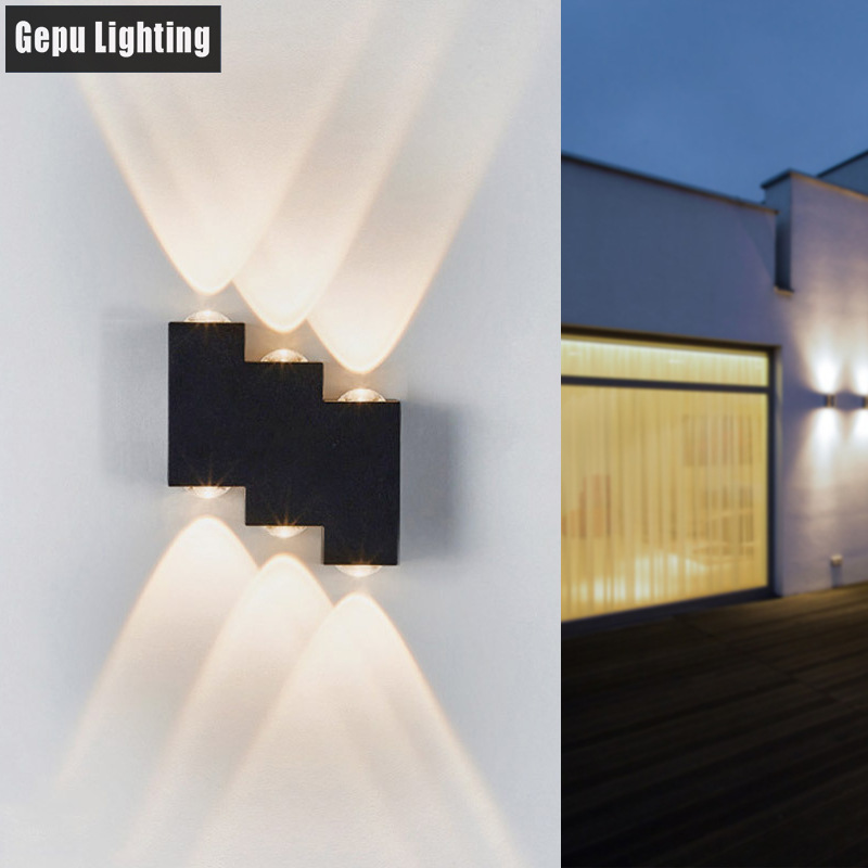 Outdoor waterproof wall lamps, led light-controlled sensor exterior wall lamps, outdoor courtyard upper and lower illuminated aluminum trapezoidal door plate lamps details Picture