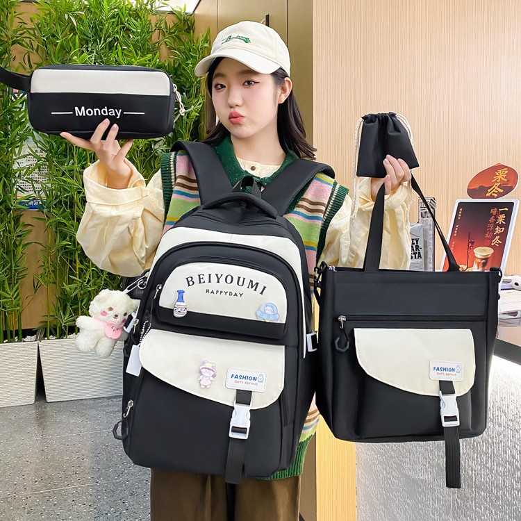 Four-piece Korean-style Instagram schoolbag for girls, a cute and fresh backpack with contrasting colors, large capacity and spliced for junior high school students details Picture
