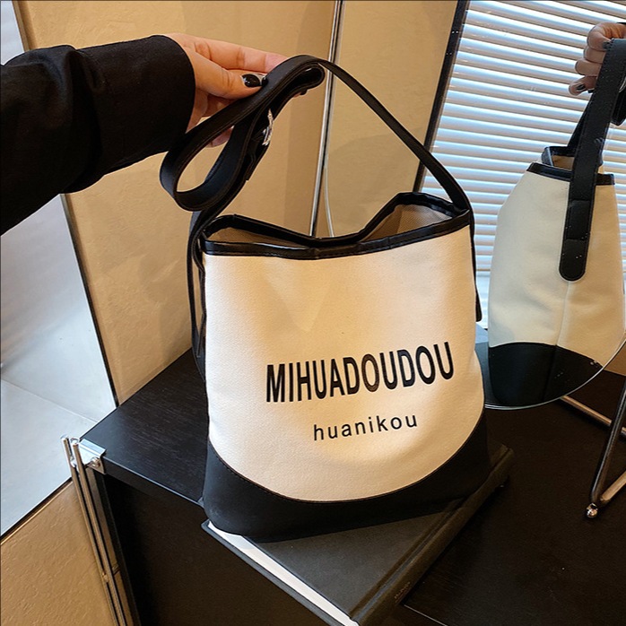 Casual bucket bag, large-capacity canvas bag, women's 2025 new style popular and versatile single-shoulder bag, women's crossbody bag full figure
