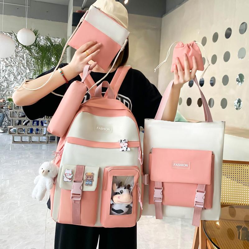 Japanese-style cute girl schoolbag, campus junior high school and senior high school students' backpack, large-capacity Korean version backpack five-piece set details Picture